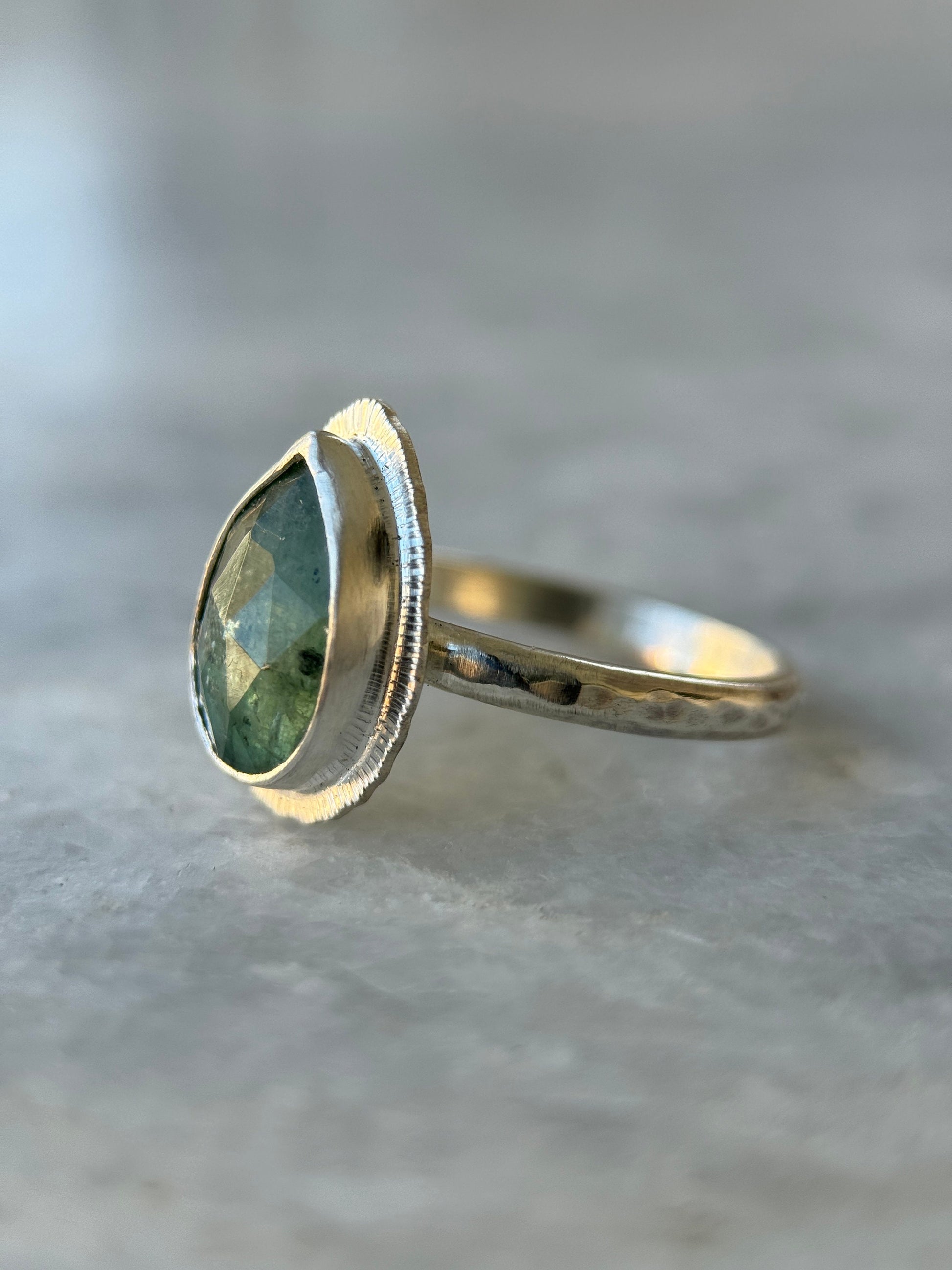 Rose cut Green Kyanite ring, natural emerald colour teardrop gemstone, open back, bezel set, sterling silver, calming crystal jewellery