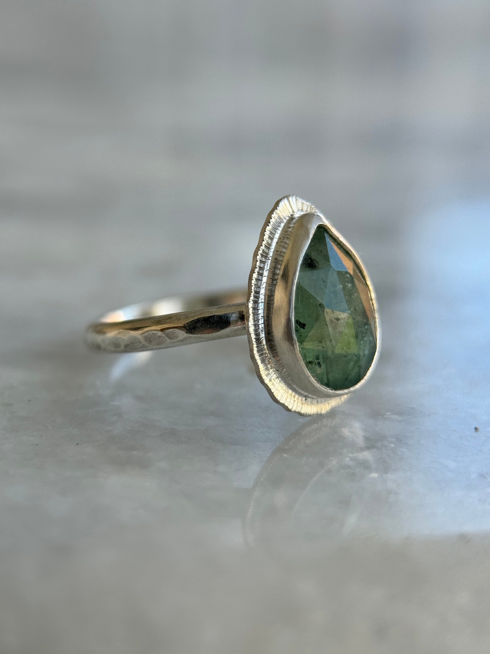 Rose cut Green Kyanite ring, natural emerald colour teardrop gemstone, open back, bezel set, sterling silver, calming crystal jewellery