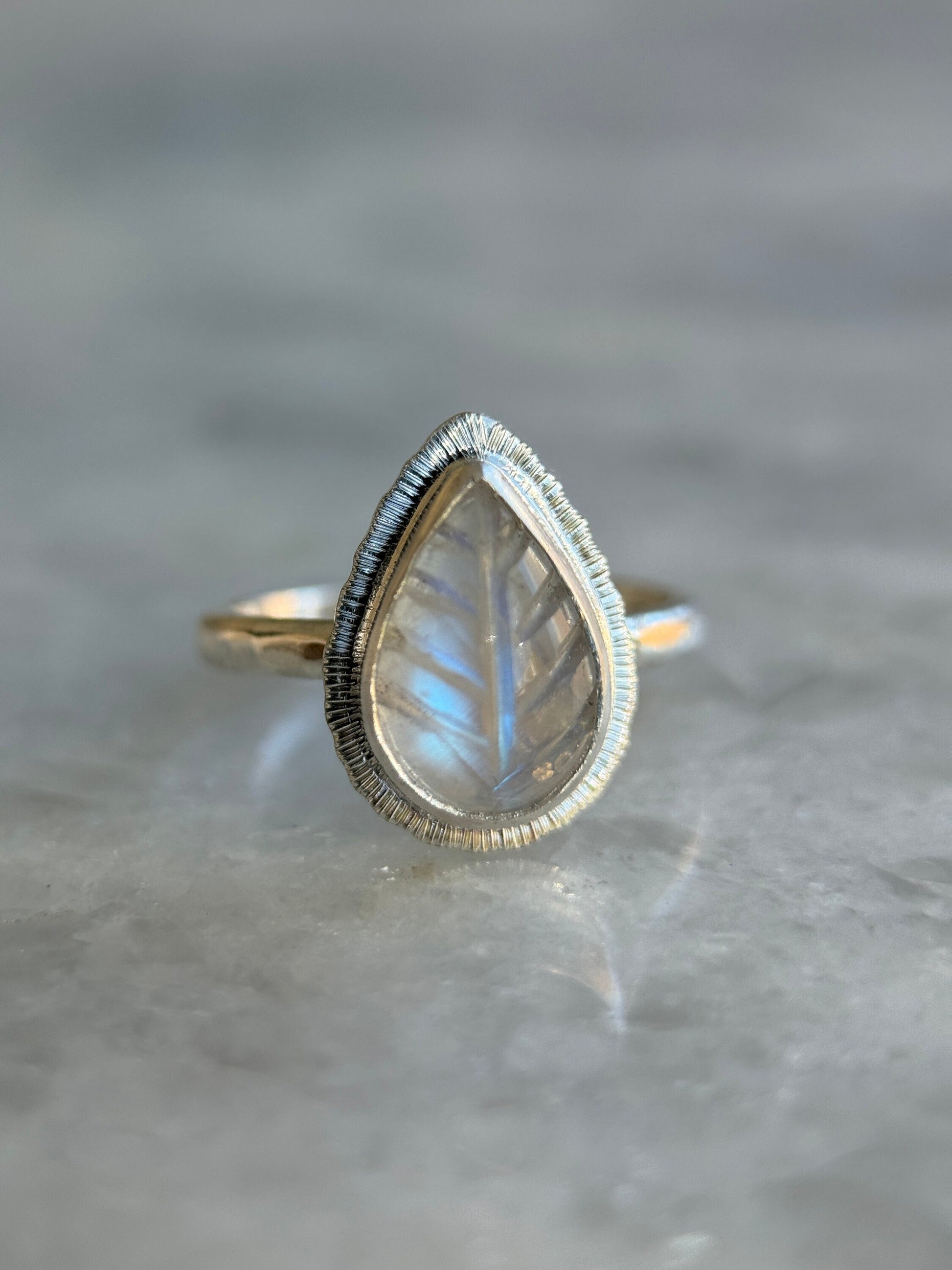 Made to order Rainbow Moonstone leaf ring, natural gemstone carving, bezel set, sterling silver, June birthstone, gift for new beginnings