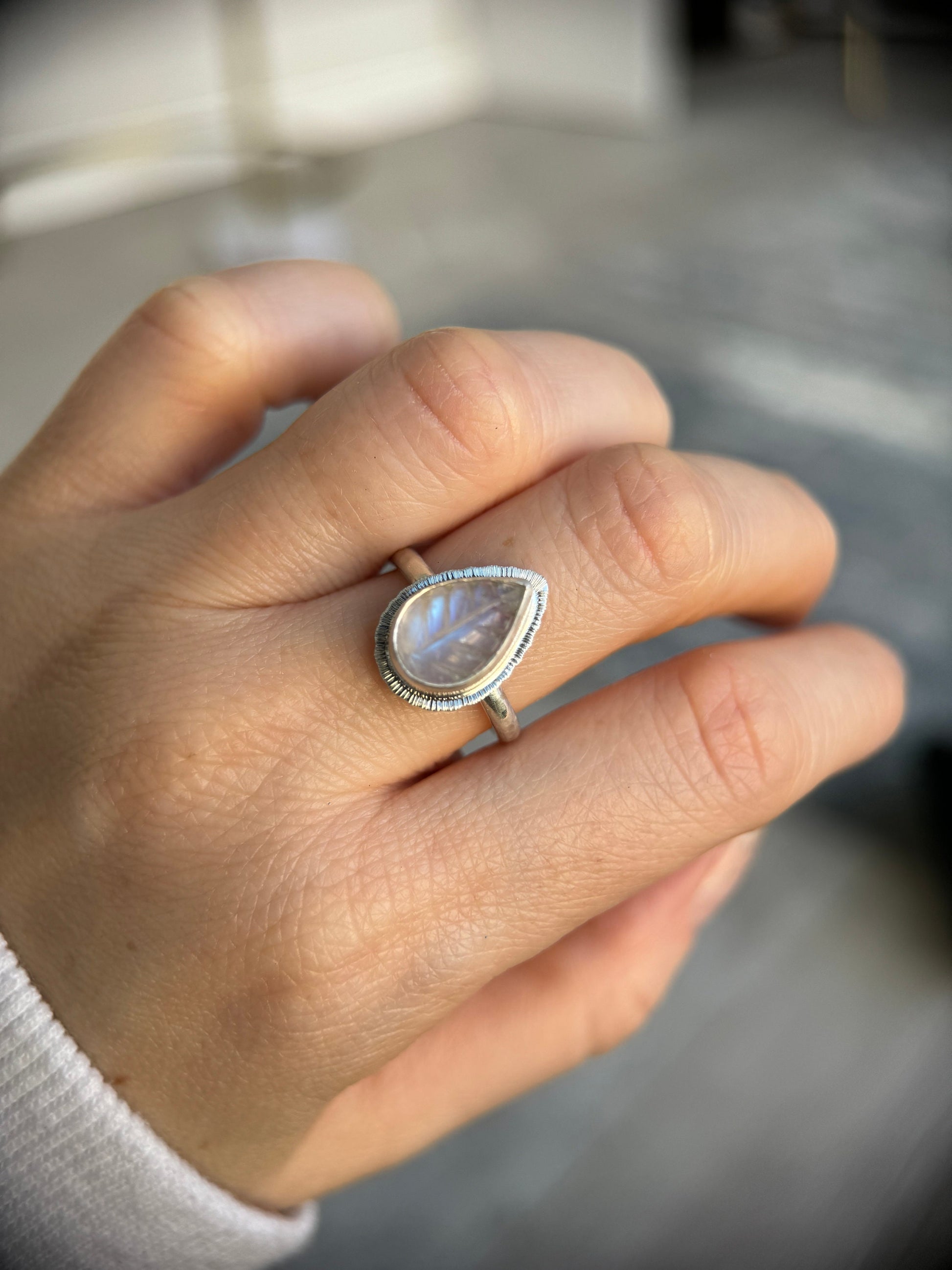 Made to order Rainbow Moonstone leaf ring, natural gemstone carving, bezel set, sterling silver, June birthstone, gift for new beginnings