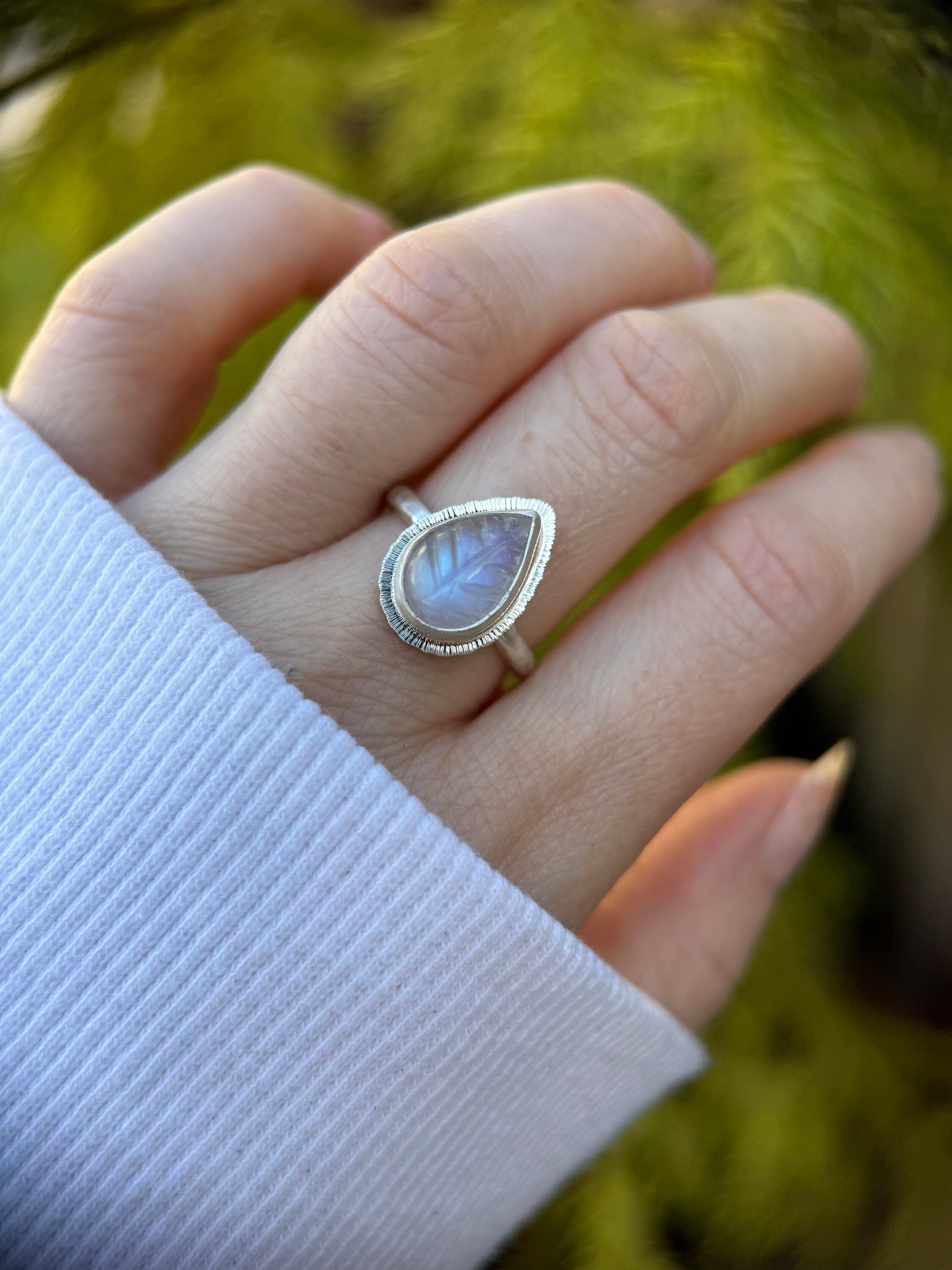 Made to order Rainbow Moonstone leaf ring, natural gemstone carving, bezel set, sterling silver, June birthstone, gift for new beginnings