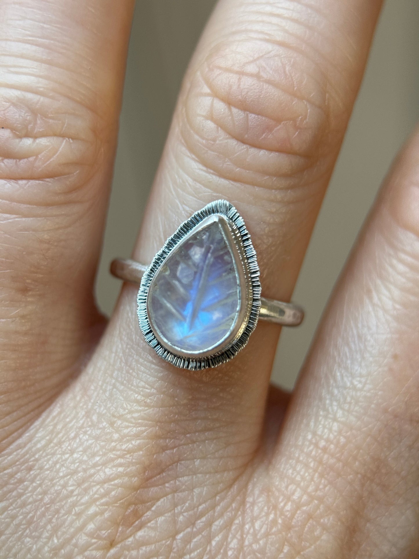 Made to order Rainbow Moonstone leaf ring, natural gemstone carving, bezel set, sterling silver, June birthstone, gift for new beginnings