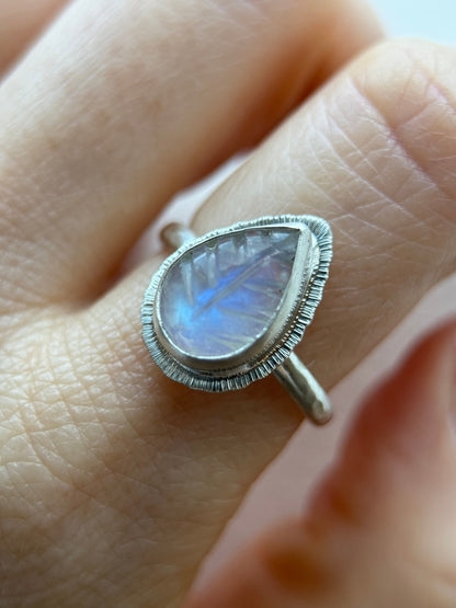 Made to order Rainbow Moonstone leaf ring, natural gemstone carving, bezel set, sterling silver, June birthstone, gift for new beginnings