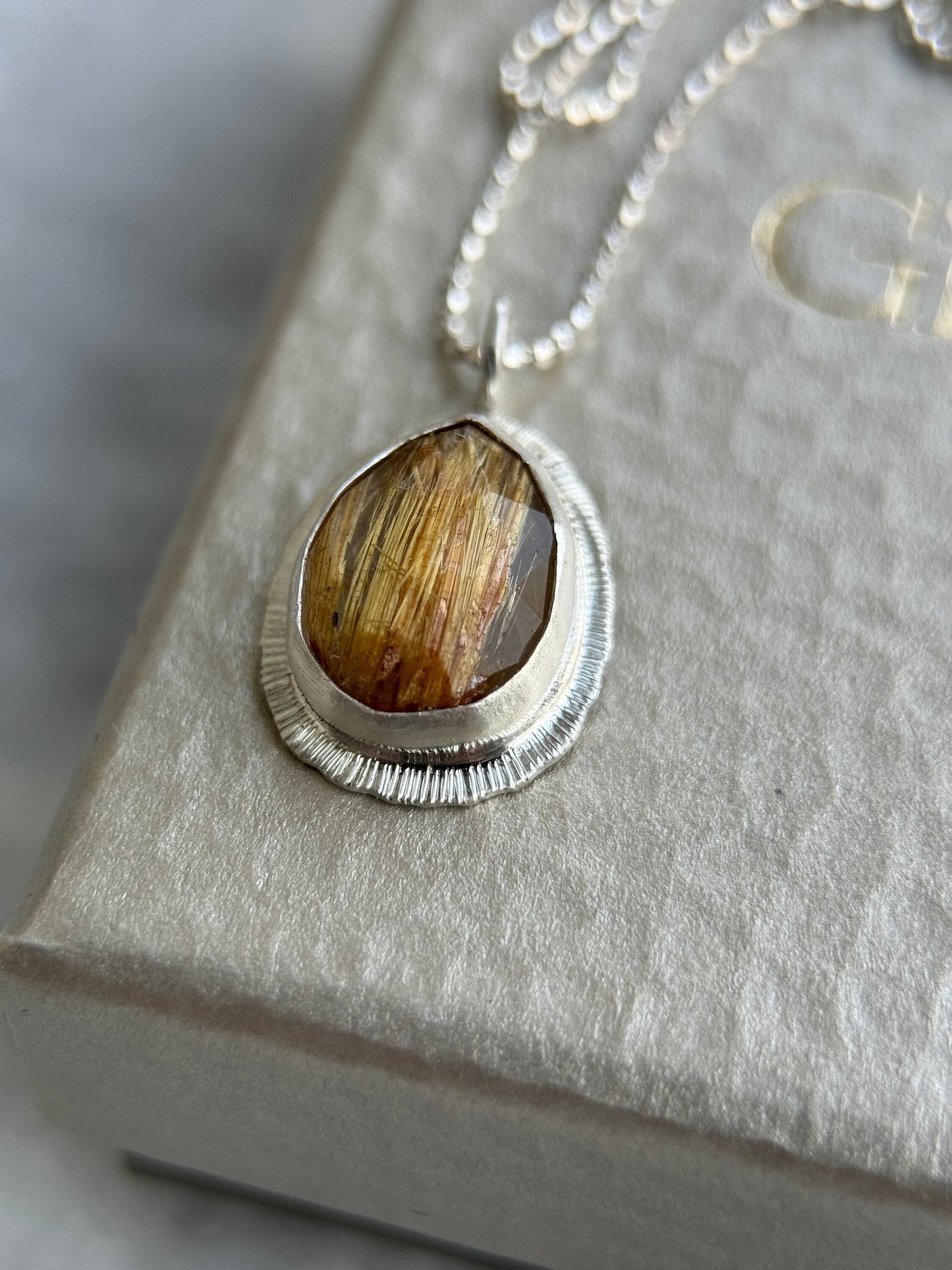 Rose cut Rutilated Quartz pendant, natural Golden Rutile Quartz necklace, Venus Hair gemstone, sterling silver, unique jewellery gift