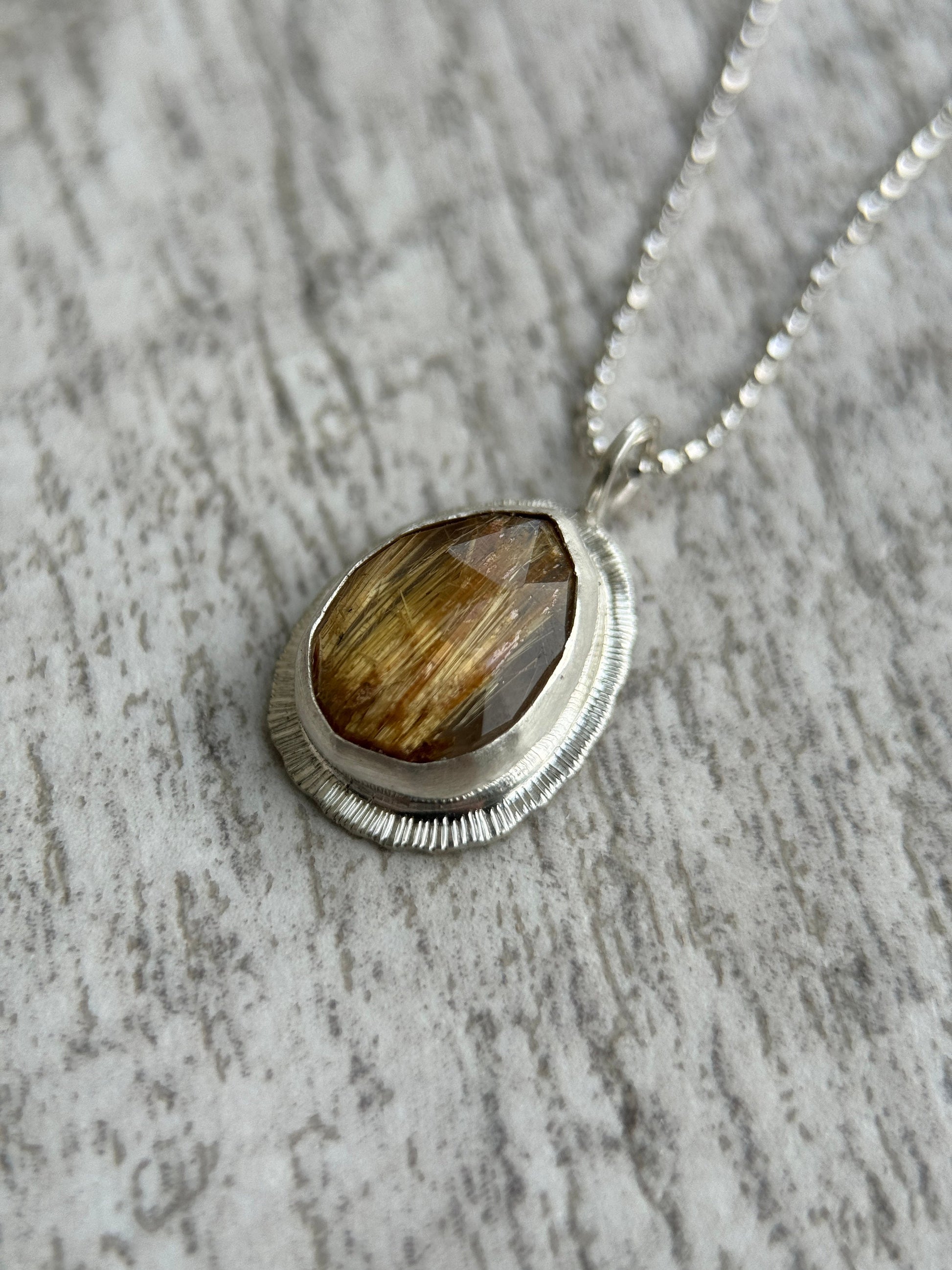 Rose cut Rutilated Quartz pendant, natural Golden Rutile Quartz necklace, Venus Hair gemstone, sterling silver, unique jewellery gift