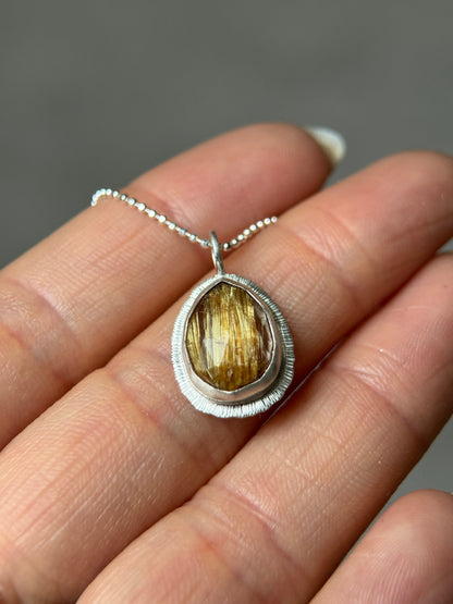 Rose cut Rutilated Quartz pendant, natural Golden Rutile Quartz necklace, Venus Hair gemstone, sterling silver, unique jewellery gift