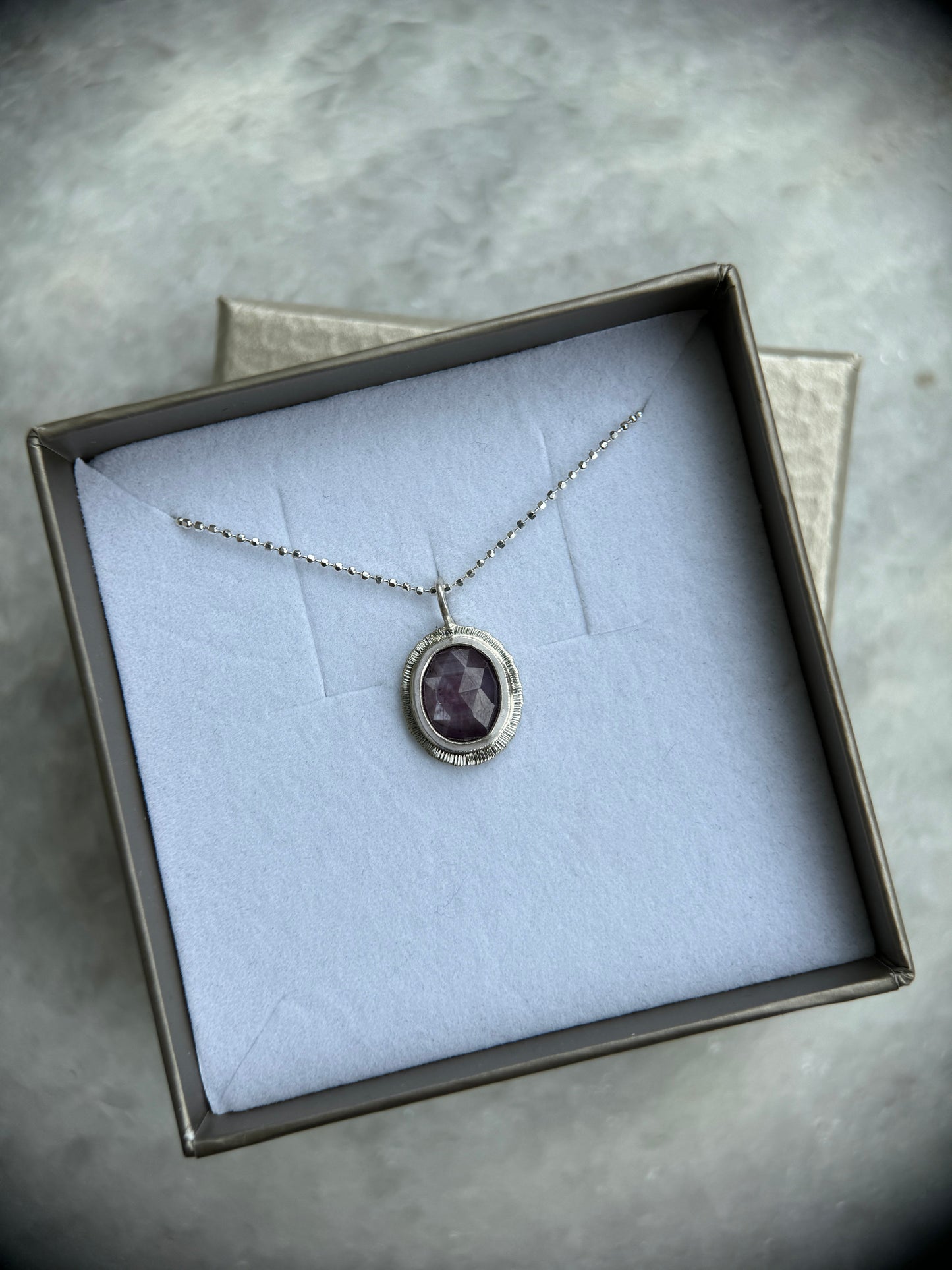 Rose cut silky plum Sapphire pendant, natural gemstone necklace, sterling silver, 5th wedding anniversary gift, September birthstone