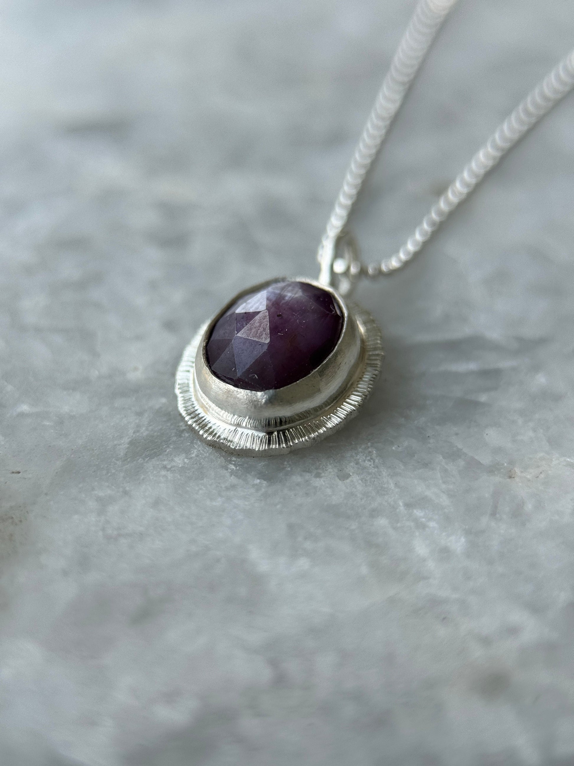 Rose cut silky plum Sapphire pendant, natural gemstone necklace, sterling silver, 5th wedding anniversary gift, September birthstone