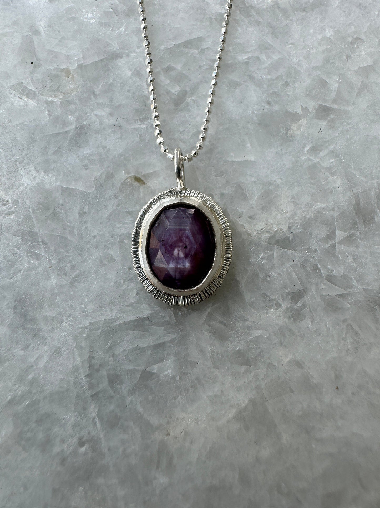 Rose cut silky plum Sapphire pendant, natural gemstone necklace, sterling silver, 5th wedding anniversary gift, September birthstone