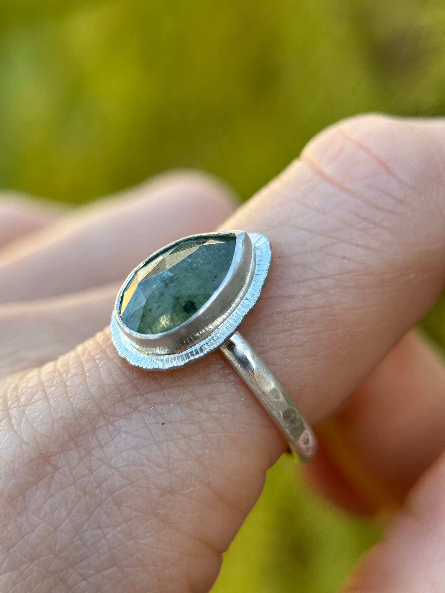 Rose cut Green Kyanite ring, natural emerald colour teardrop gemstone, open back, bezel set, sterling silver, calming crystal jewellery