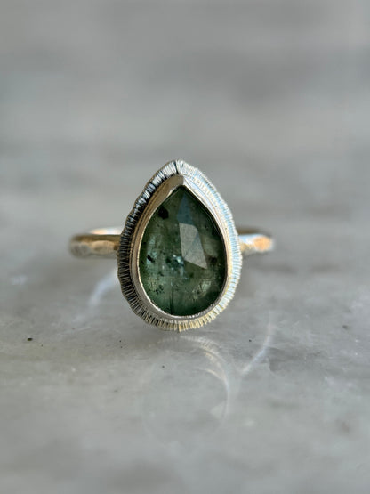 Rose cut Green Kyanite ring, natural emerald colour teardrop gemstone, open back, bezel set, sterling silver, calming crystal jewellery