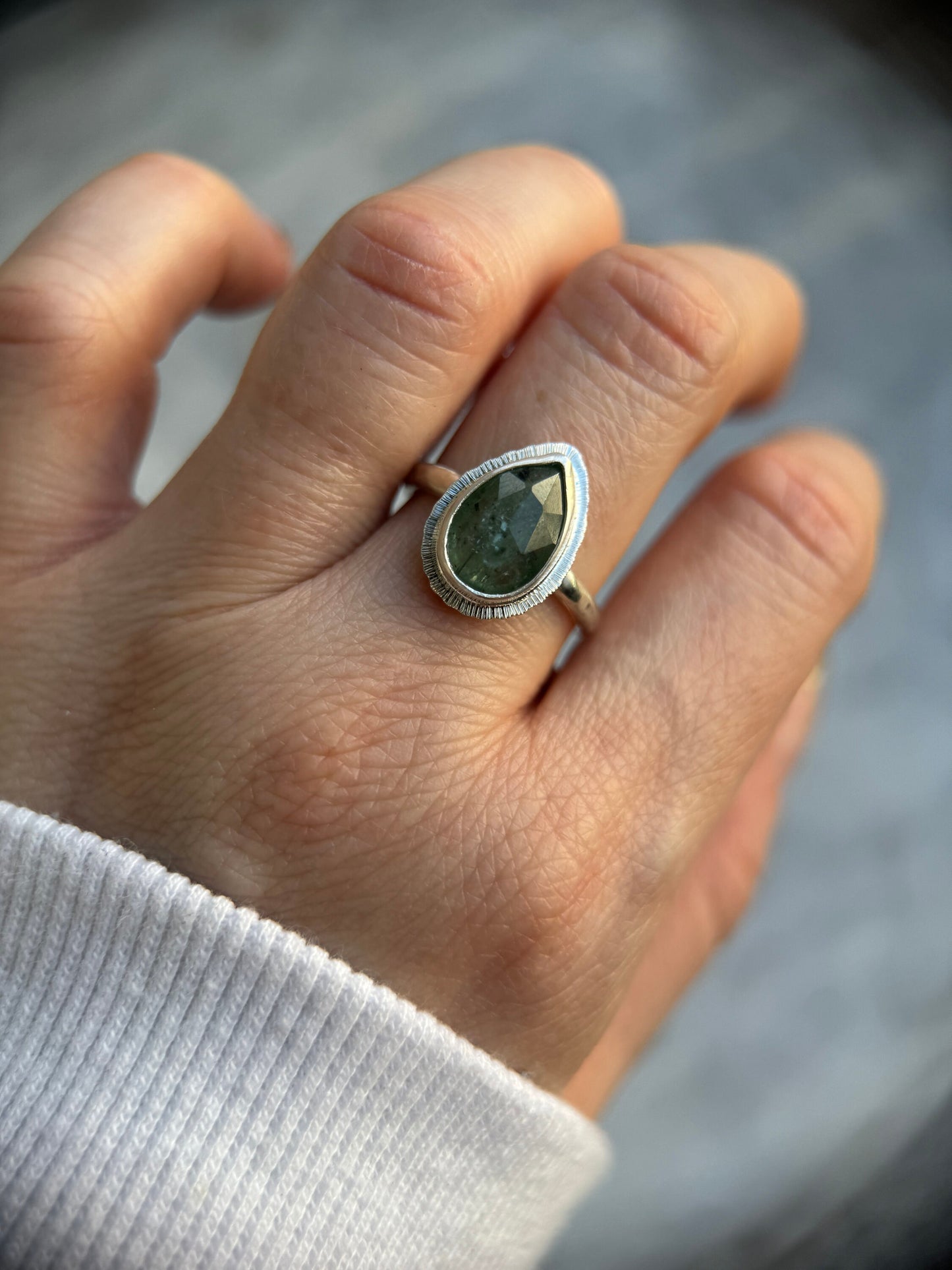 Rose cut Green Kyanite ring, natural emerald colour teardrop gemstone, open back, bezel set, sterling silver, calming crystal jewellery