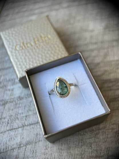 Rose cut Green Kyanite ring, natural emerald colour teardrop gemstone, open back, bezel set, sterling silver, calming crystal jewellery