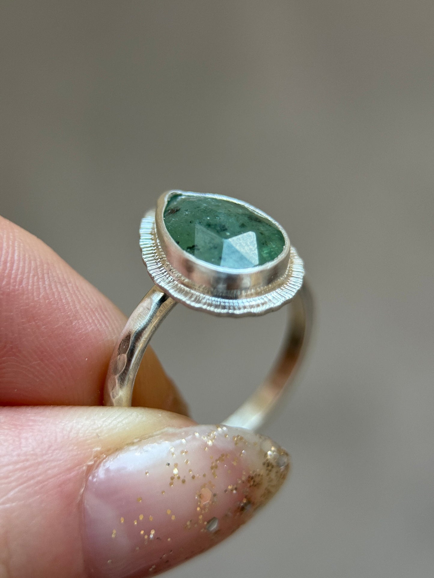 Rose cut Green Kyanite ring, natural emerald colour teardrop gemstone, open back, bezel set, sterling silver, calming crystal jewellery