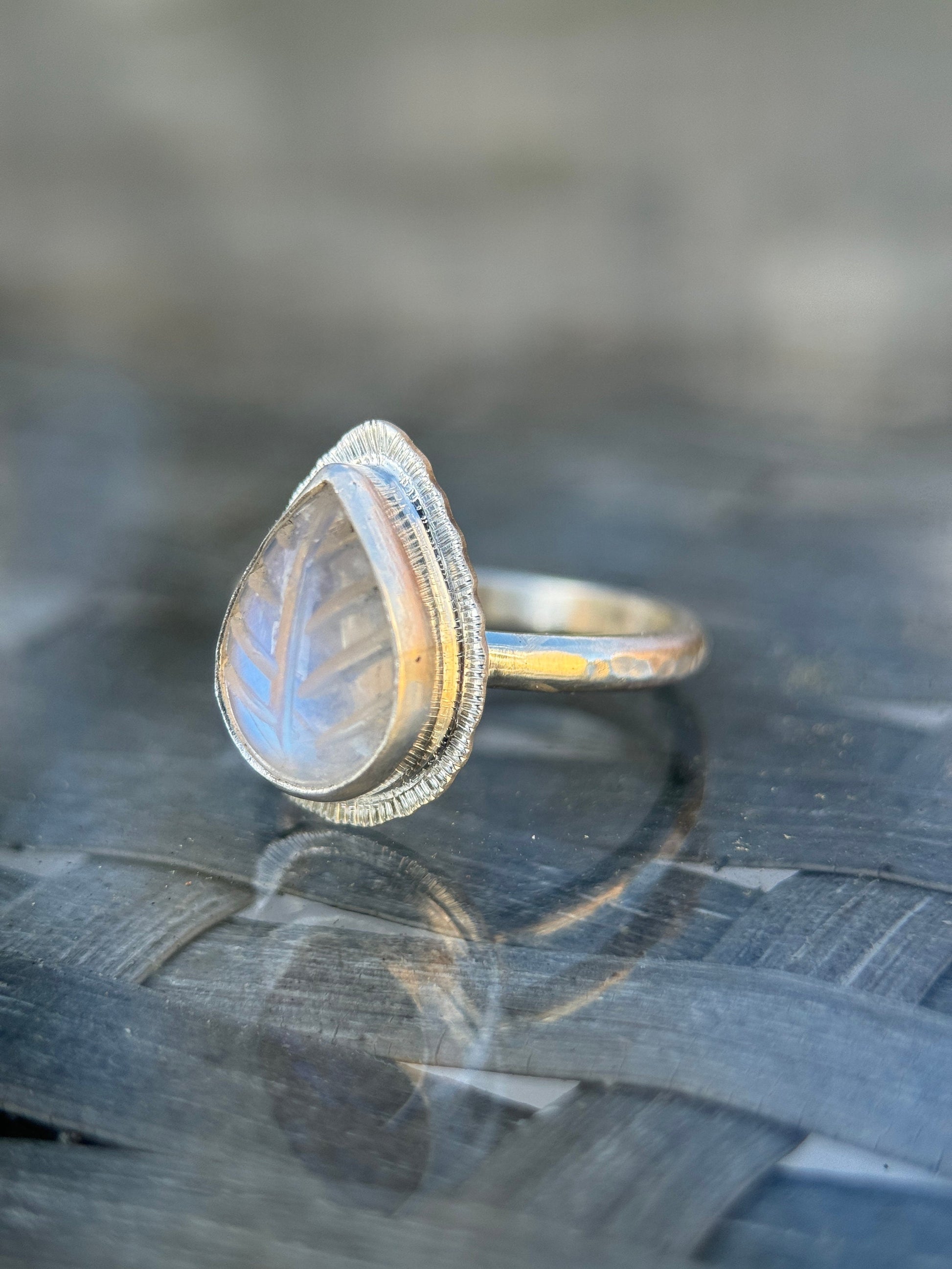 Made to order Rainbow Moonstone leaf ring, natural gemstone carving, bezel set, sterling silver, June birthstone, gift for new beginnings