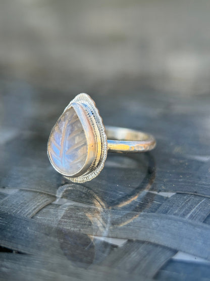 Made to order Rainbow Moonstone leaf ring, natural gemstone carving, bezel set, sterling silver, June birthstone, gift for new beginnings