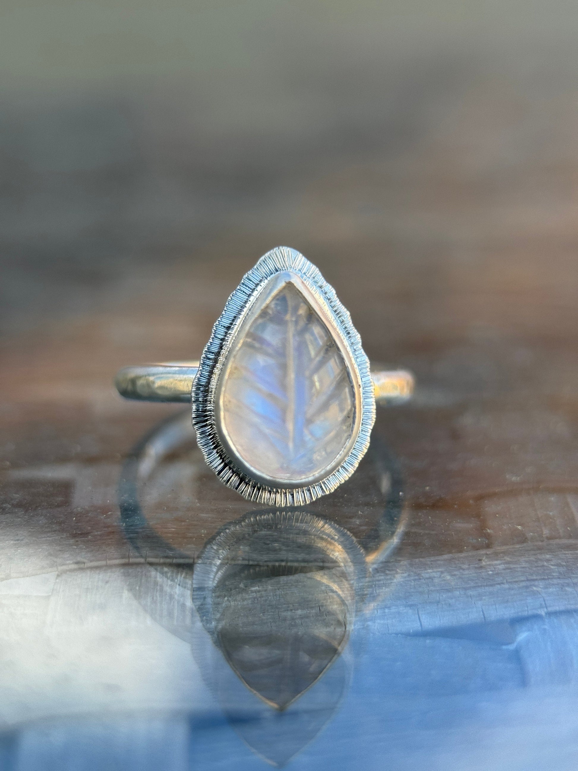 Made to order Rainbow Moonstone leaf ring, natural gemstone carving, bezel set, sterling silver, June birthstone, gift for new beginnings