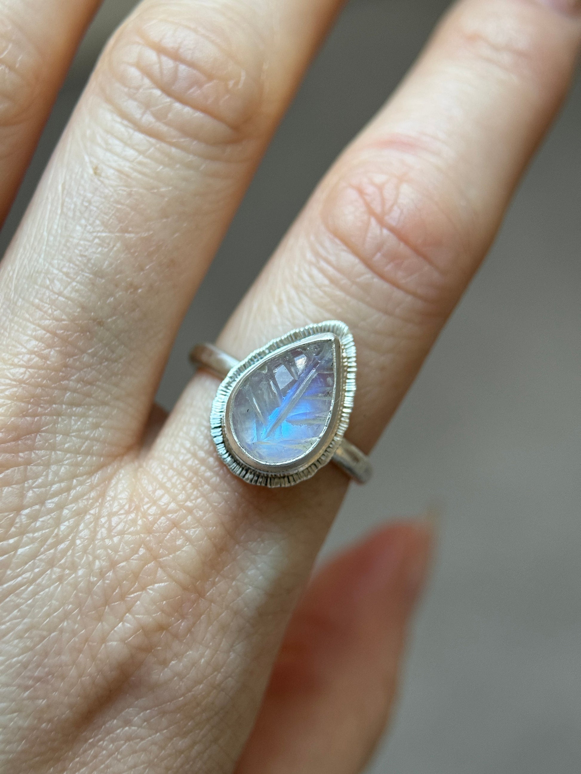 Made to order Rainbow Moonstone leaf ring, natural gemstone carving, bezel set, sterling silver, June birthstone, gift for new beginnings