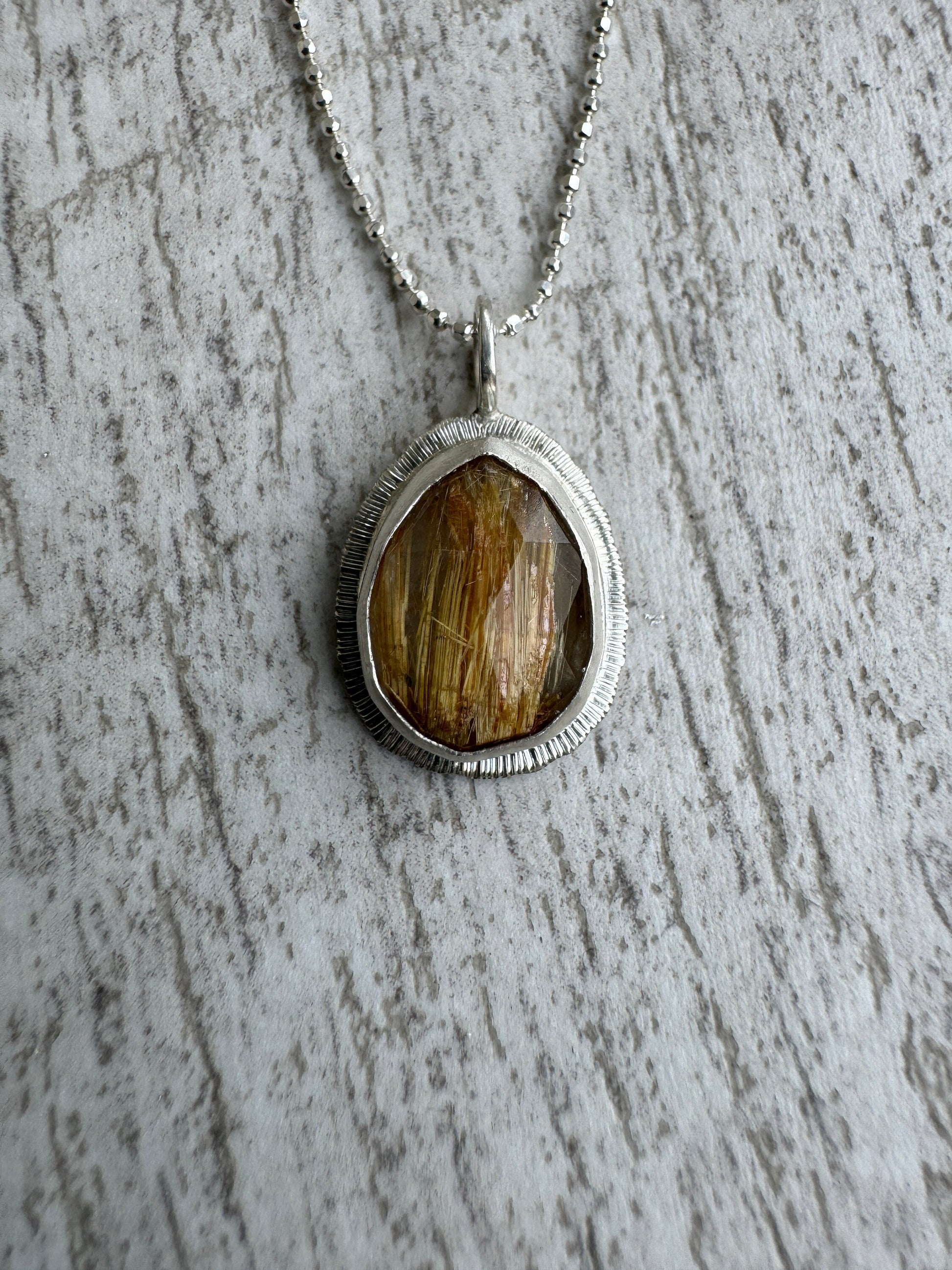 Rose cut Rutilated Quartz pendant, natural Golden Rutile Quartz necklace, Venus Hair gemstone, sterling silver, unique jewellery gift