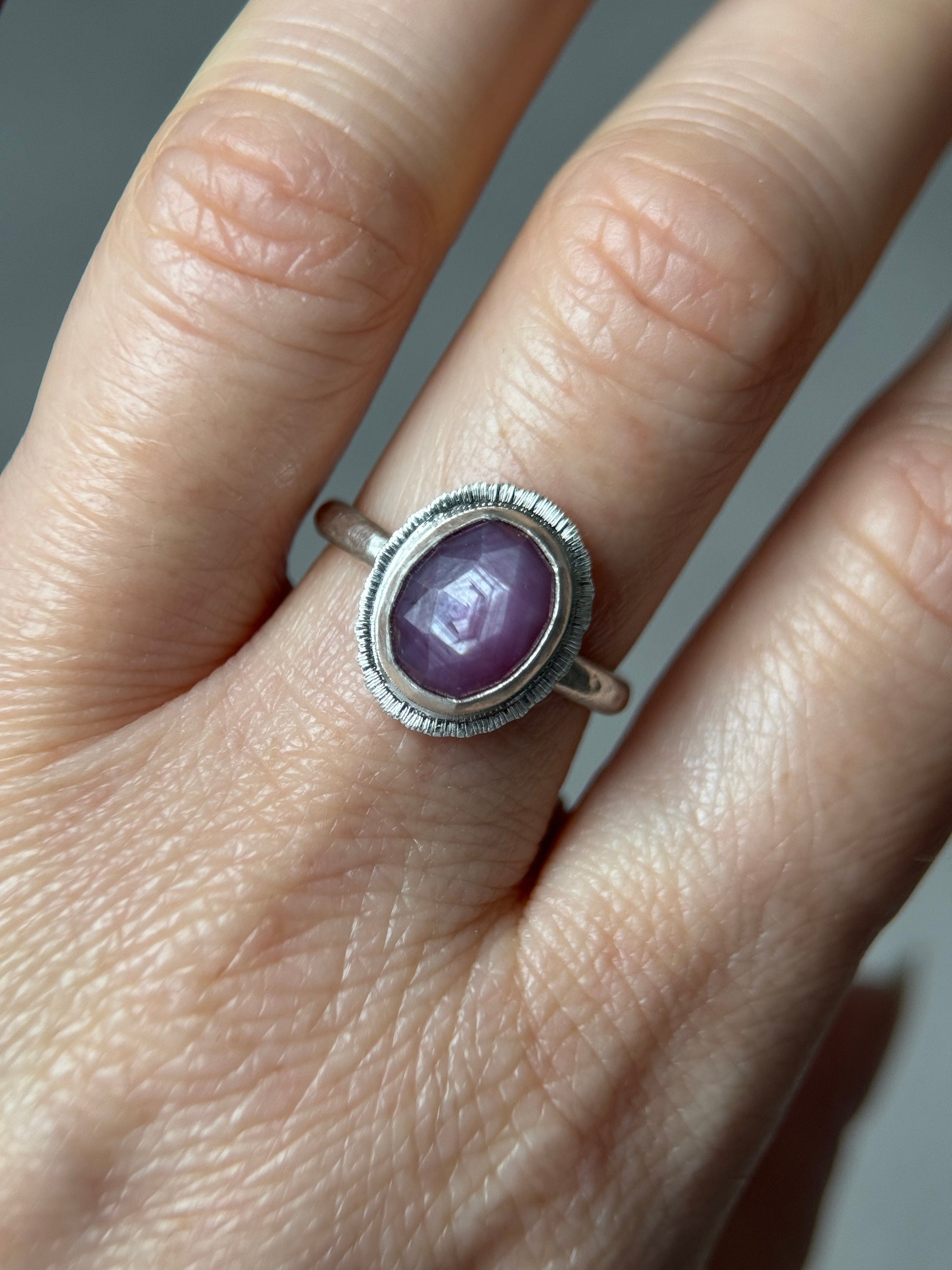 Rose cut silky plum Sapphire ring, natural gemstone with asterism, 5th wedding anniversary gift, September birthstone, unique gift for her