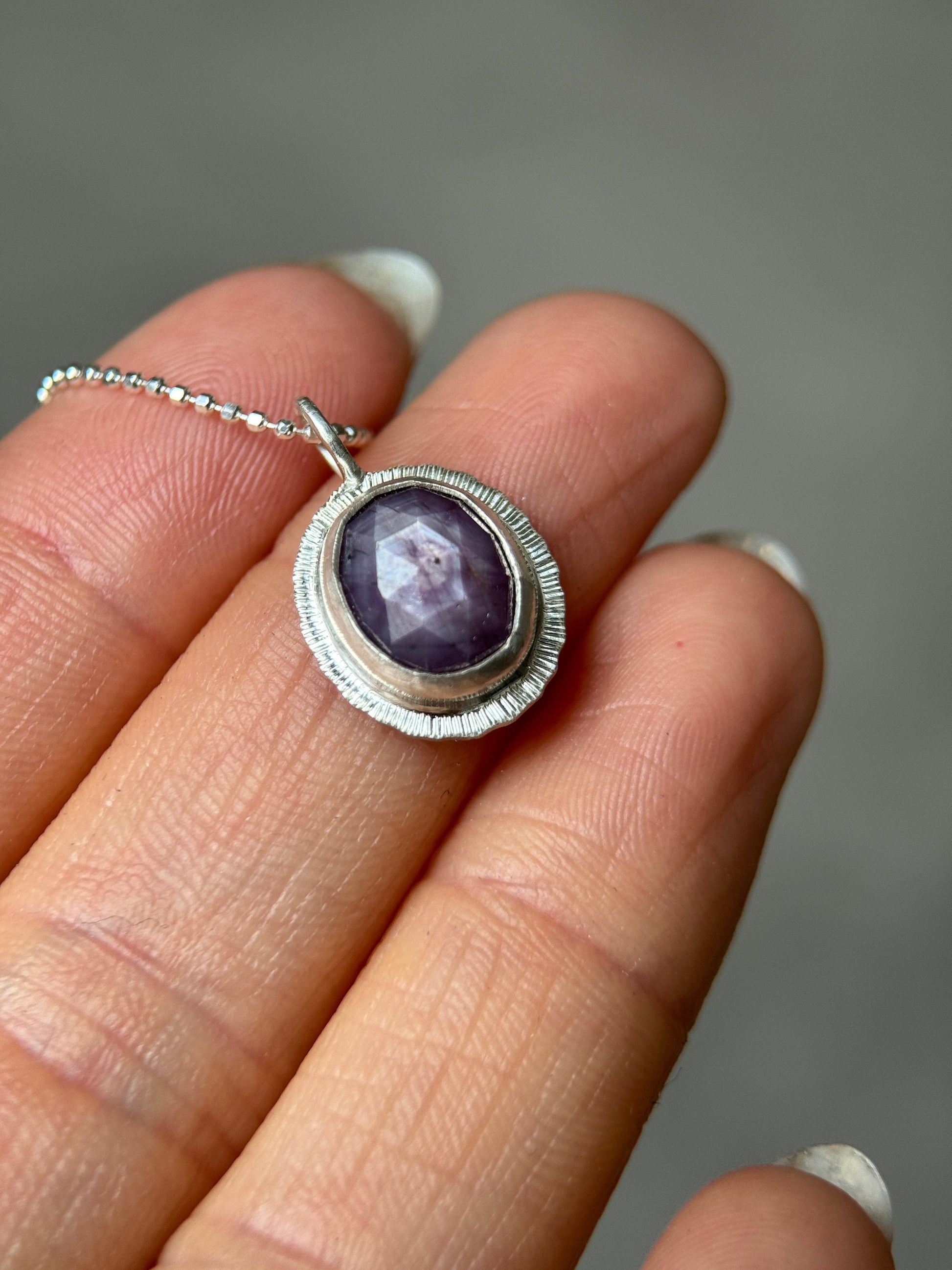 Rose cut silky plum Sapphire pendant, natural gemstone necklace, sterling silver, 5th wedding anniversary gift, September birthstone