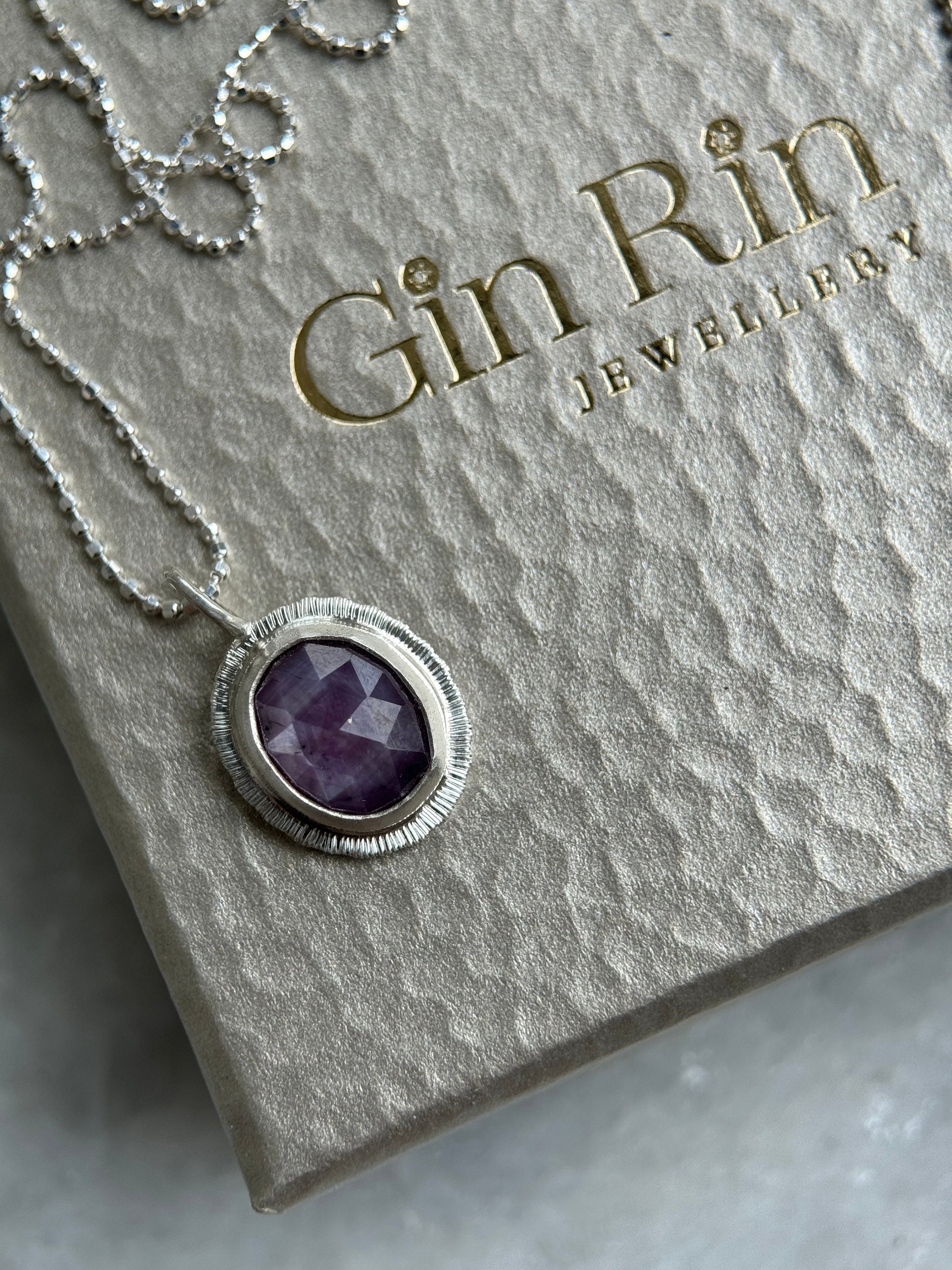 Rose cut silky plum Sapphire pendant, natural gemstone necklace, sterling silver, 5th wedding anniversary gift, September birthstone