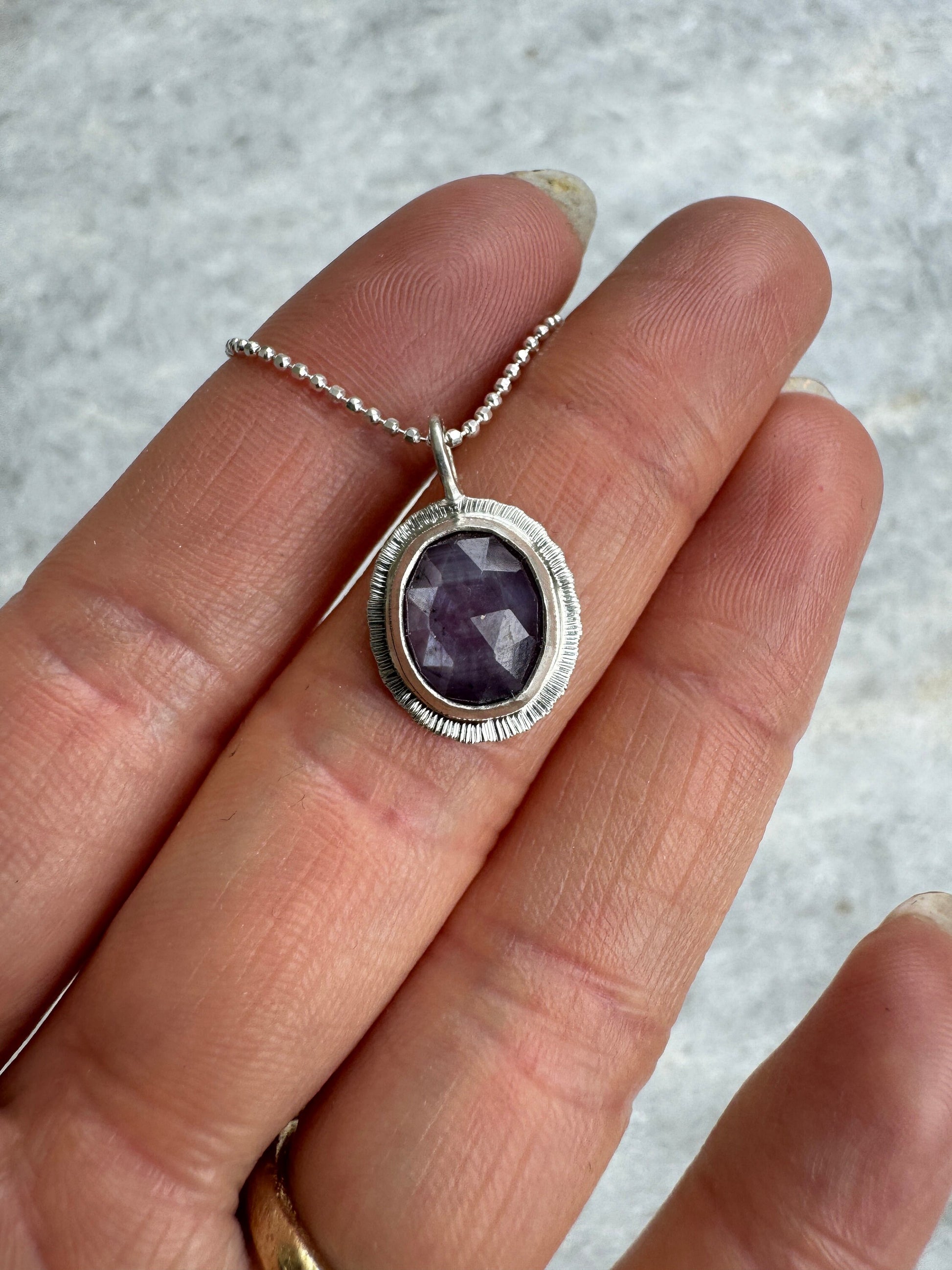 Rose cut silky plum Sapphire pendant, natural gemstone necklace, sterling silver, 5th wedding anniversary gift, September birthstone