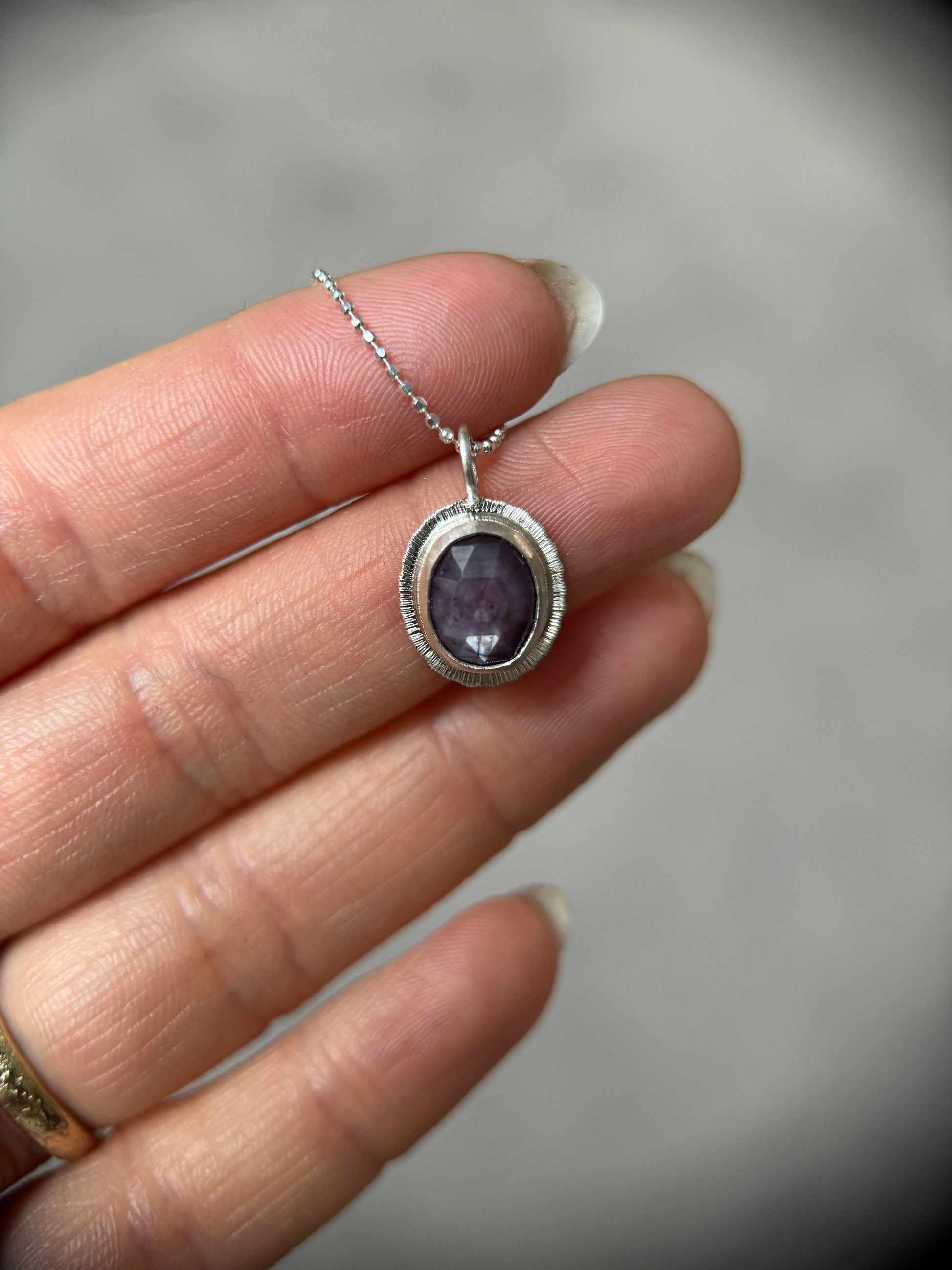 Rose cut silky plum Sapphire pendant, natural gemstone necklace, sterling silver, 5th wedding anniversary gift, September birthstone