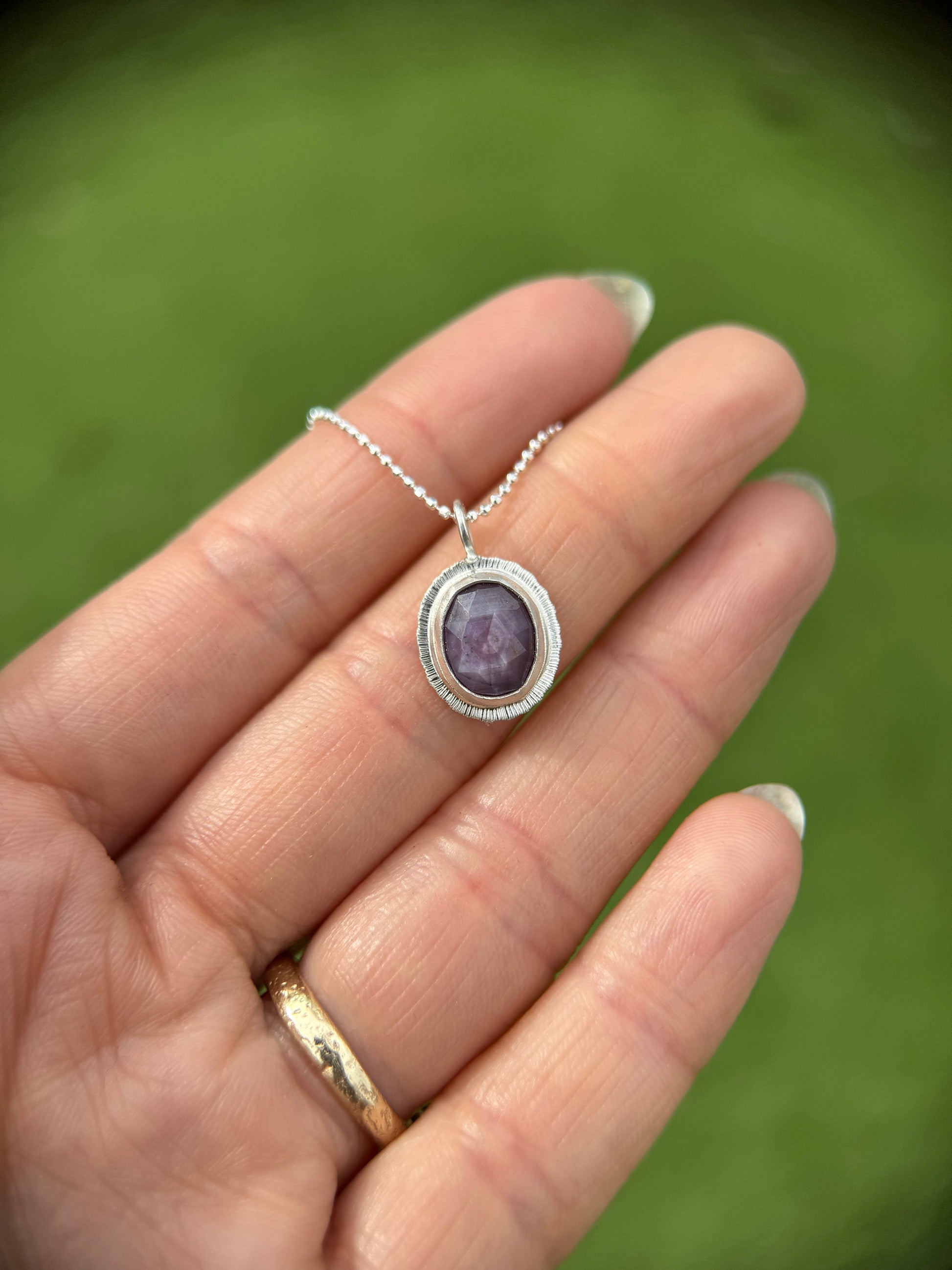 Rose cut silky plum Sapphire pendant, natural gemstone necklace, sterling silver, 5th wedding anniversary gift, September birthstone