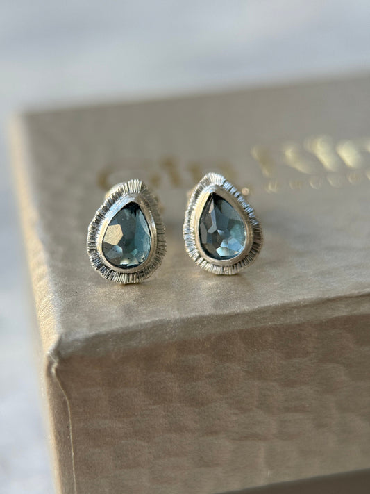 Rose cut London Blue Topaz stud earrings, natural delicate gemstone jewellery, bezel set, open back, teardrop shape, sterling silver