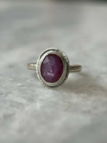 Rose cut silky plum Sapphire ring, natural gemstone with asterism, 5th wedding anniversary gift, September birthstone, unique gift for her