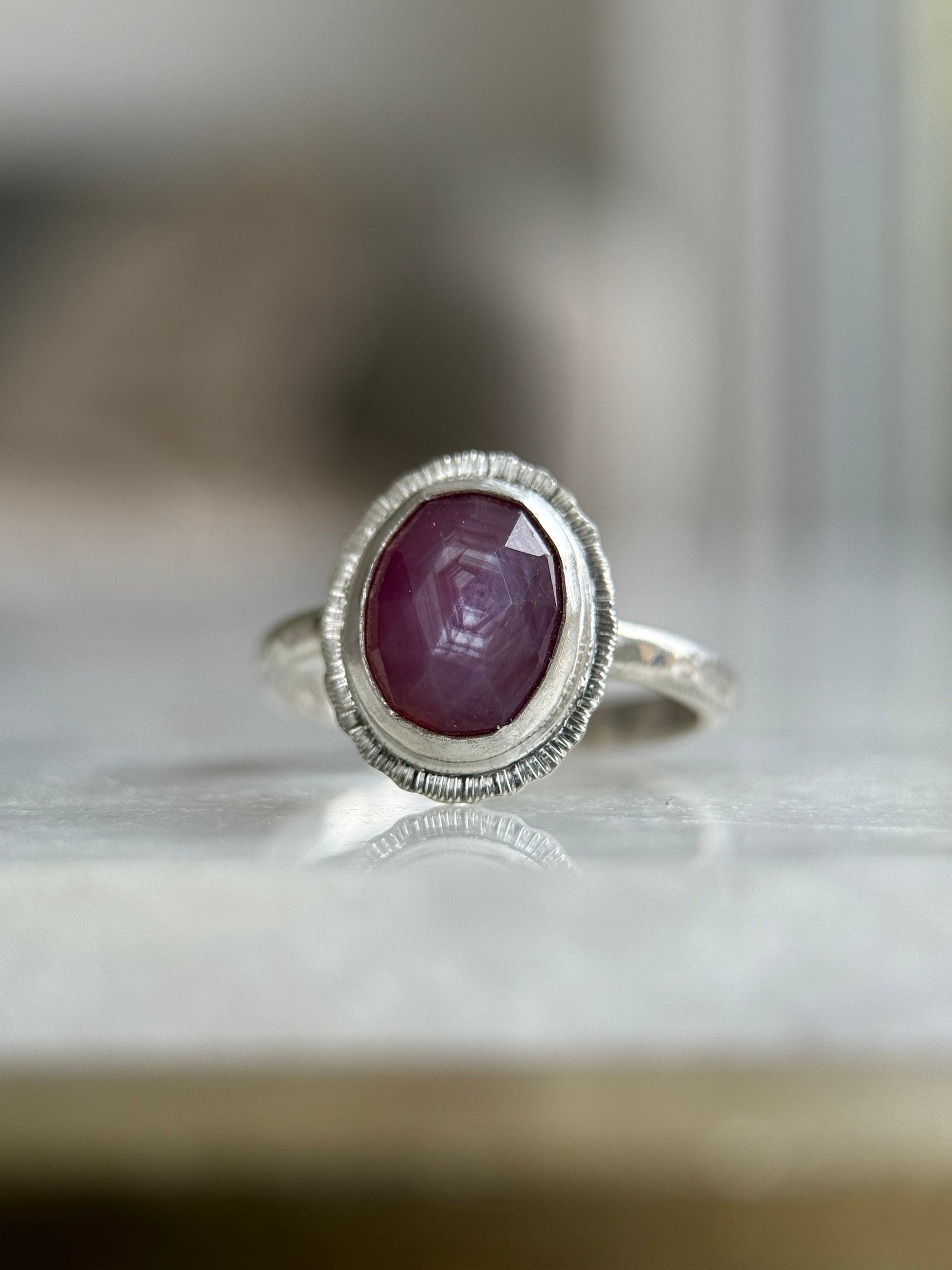 Rose cut silky plum Sapphire ring, natural gemstone with asterism, 5th wedding anniversary gift, September birthstone, unique gift for her