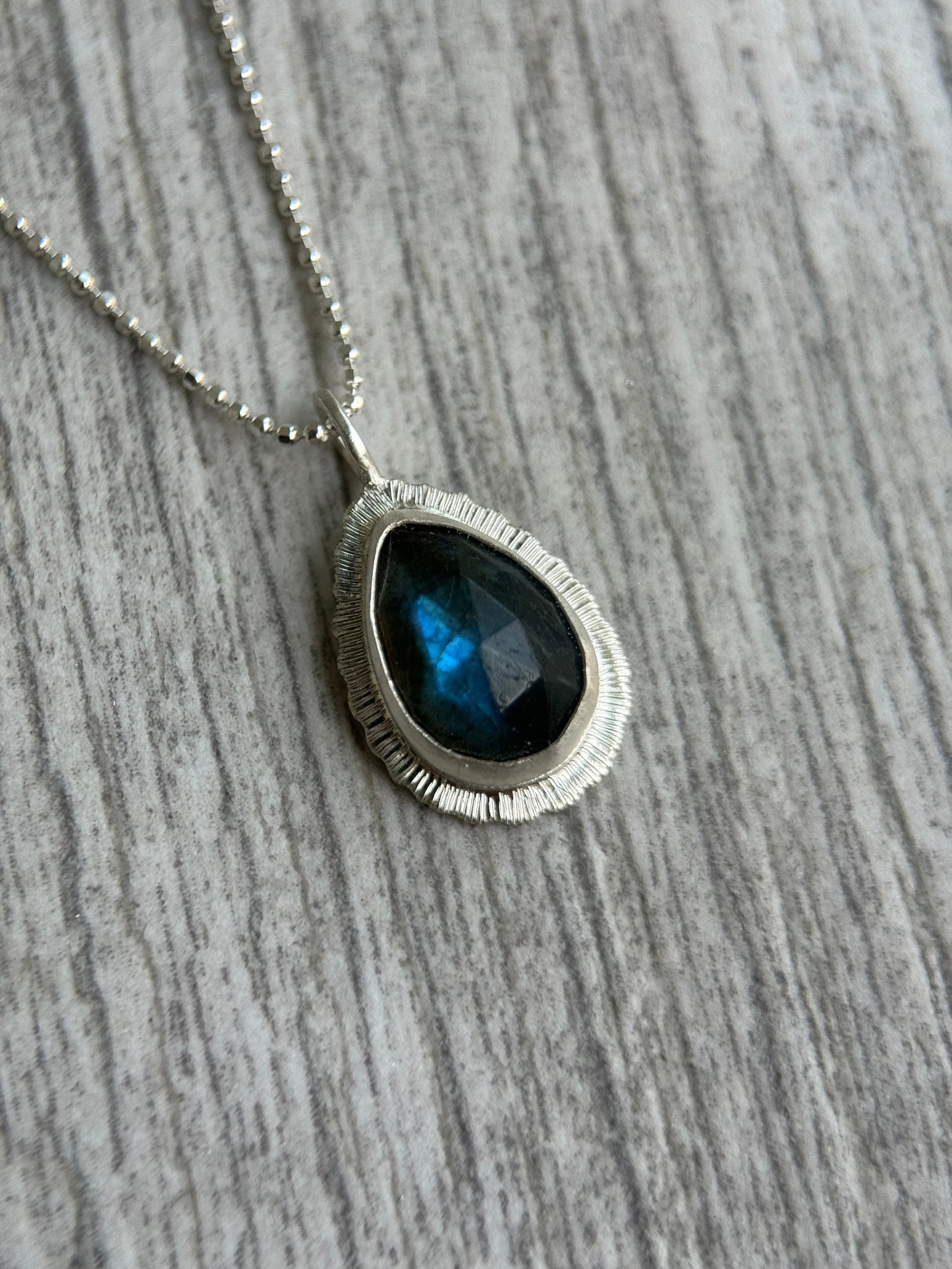 Rose cut Labradorite pendant, natural blue flash gemstone, unique gift for her, bezel set, open back, OOAK, sterling silver necklace