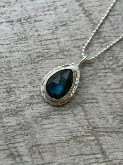 Rose cut Labradorite pendant, natural blue flash gemstone, unique gift for her, bezel set, open back, OOAK, sterling silver necklace