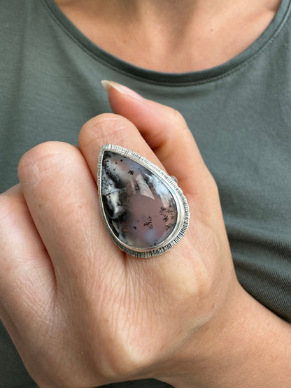 Dendritic Opal statement ring, large teardrop gemstone, sterling silver, unique and unusual jewellery, one of a kind, nature's art ring