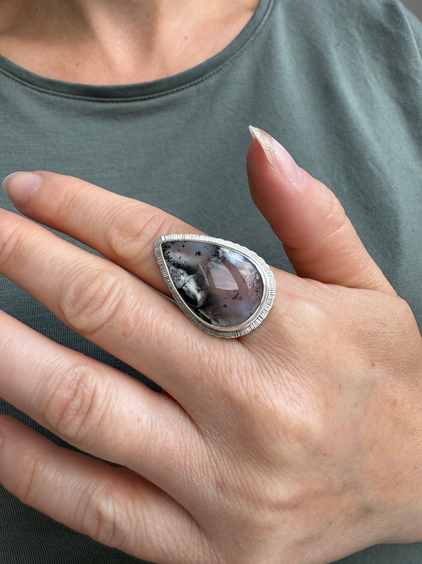 Dendritic Opal statement ring, large teardrop gemstone, sterling silver, unique and unusual jewellery, one of a kind, nature's art ring