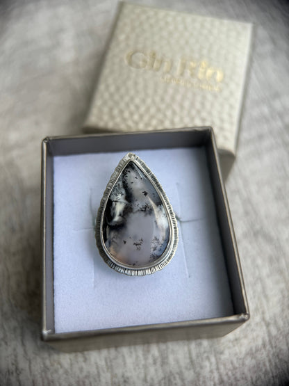 Dendritic Opal statement ring, large teardrop gemstone, sterling silver, unique and unusual jewellery, one of a kind, nature's art ring