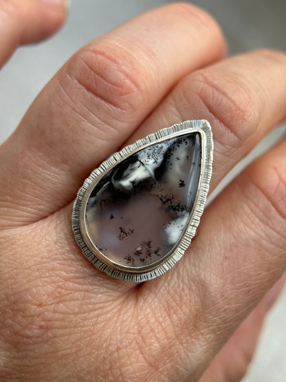 Dendritic Opal statement ring, large teardrop gemstone, sterling silver, unique and unusual jewellery, one of a kind, nature's art ring