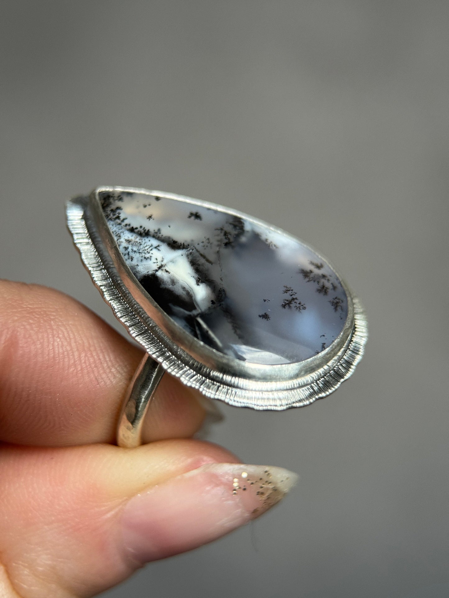 Dendritic Opal statement ring, large teardrop gemstone, sterling silver, unique and unusual jewellery, one of a kind, nature's art ring