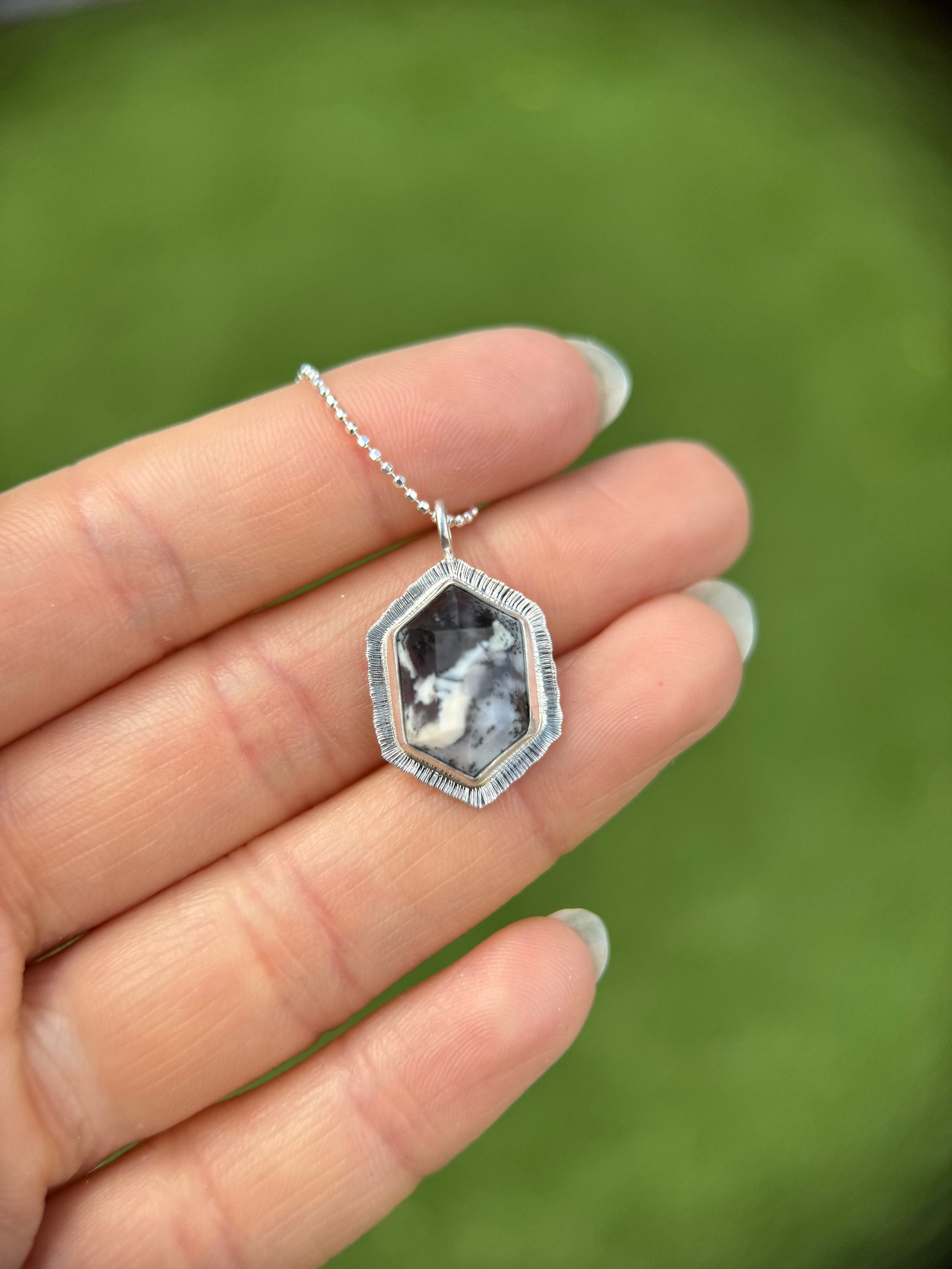 Step cut Dendritic Opal pendant, sterling silver, elongated hexagon, bezel set, open back, natural gemstone, one of a kind necklace