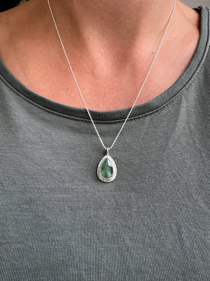 Rose cut Green Kyanite pendant, natural calming gemstone, bezel set, open back, sterling silver, diamond cut ball chain, unique gift for her