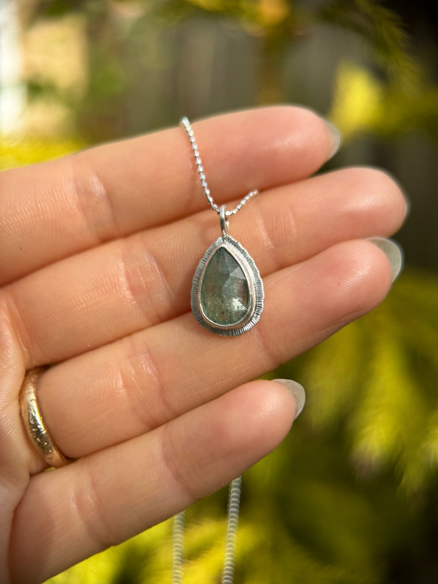 Rose cut Green Kyanite pendant, natural calming gemstone, bezel set, open back, sterling silver, diamond cut ball chain, unique gift for her