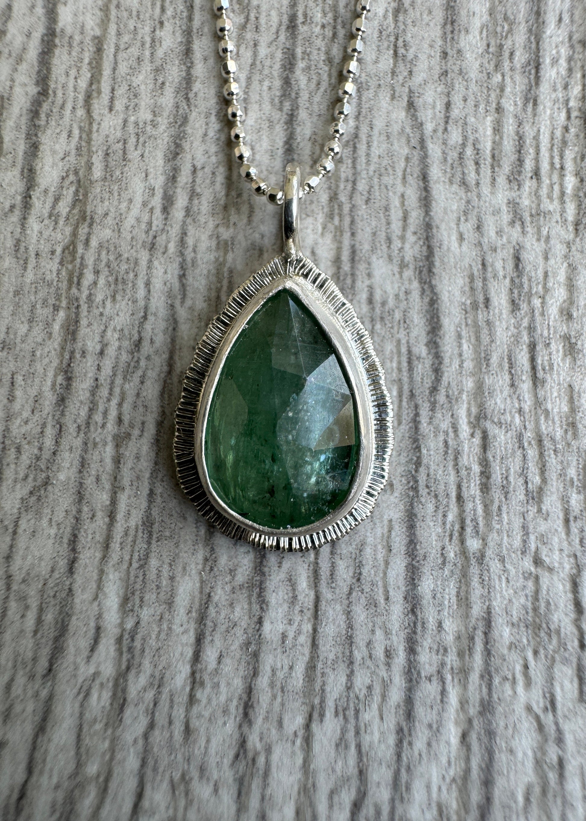 Rose cut Green Kyanite pendant, natural calming gemstone, bezel set, open back, sterling silver, diamond cut ball chain, unique gift for her