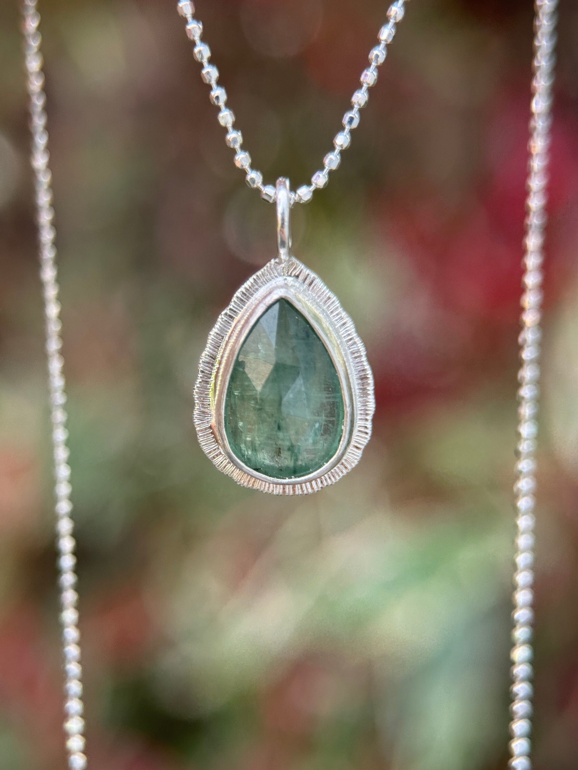 Rose cut Green Kyanite pendant, natural calming gemstone, bezel set, open back, sterling silver, diamond cut ball chain, unique gift for her