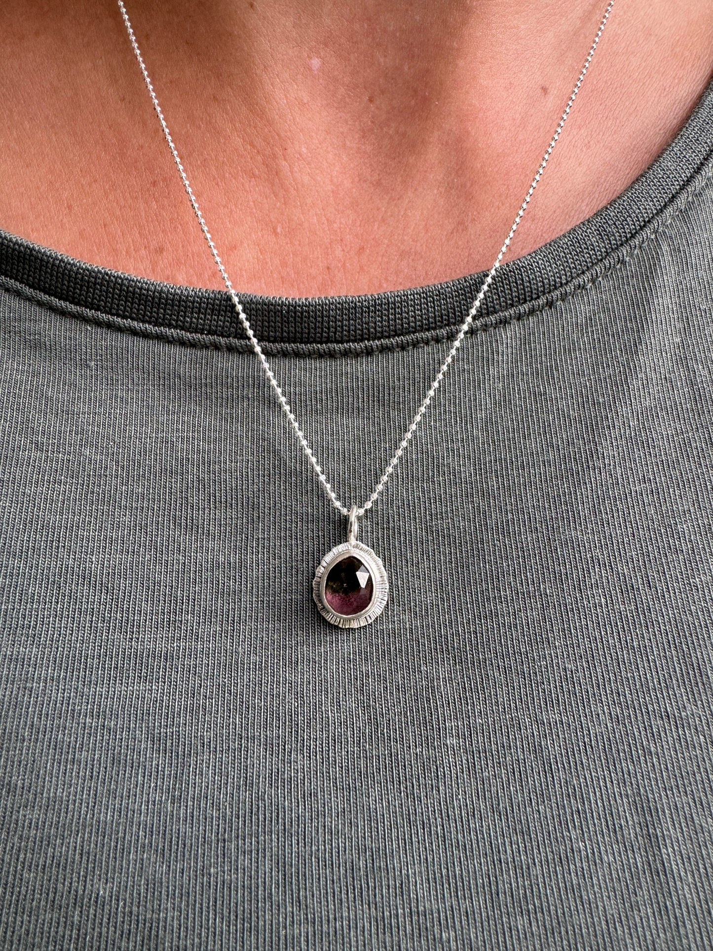 Rose cut Watermelon Tourmaline pendant, natural bicolour gemstone necklace, sterling silver,October birthstone, 8th wedding anniversary gift