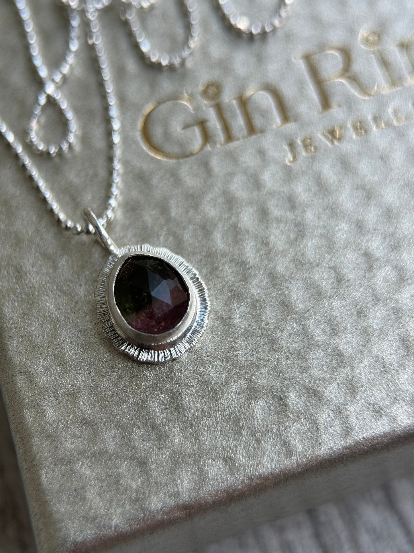 Rose cut Watermelon Tourmaline pendant, natural bicolour gemstone necklace, sterling silver,October birthstone, 8th wedding anniversary gift