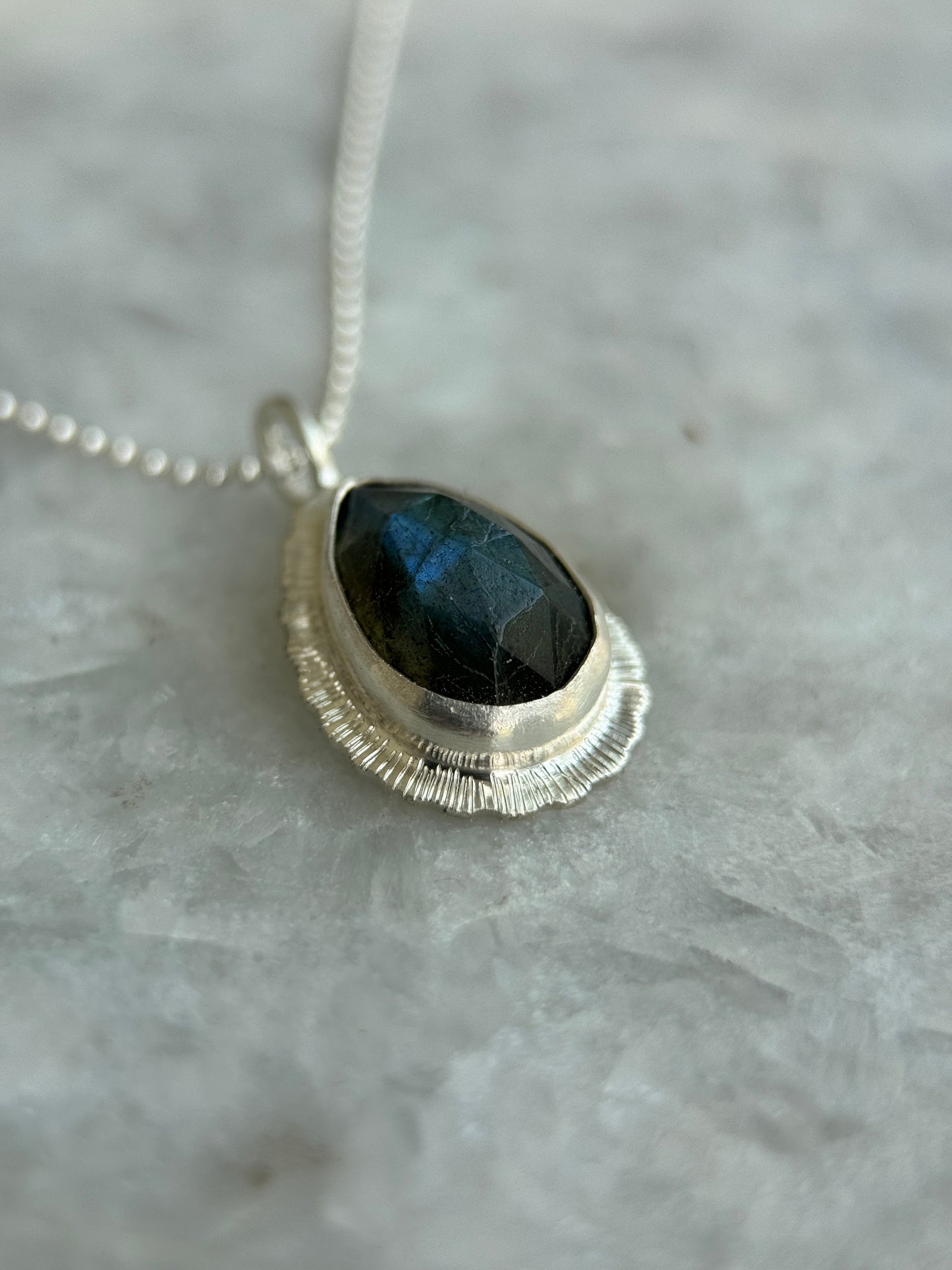 Rose cut Labradorite pendant, natural blue flash gemstone, unique gift for her, bezel set, open back, OOAK, sterling silver necklace