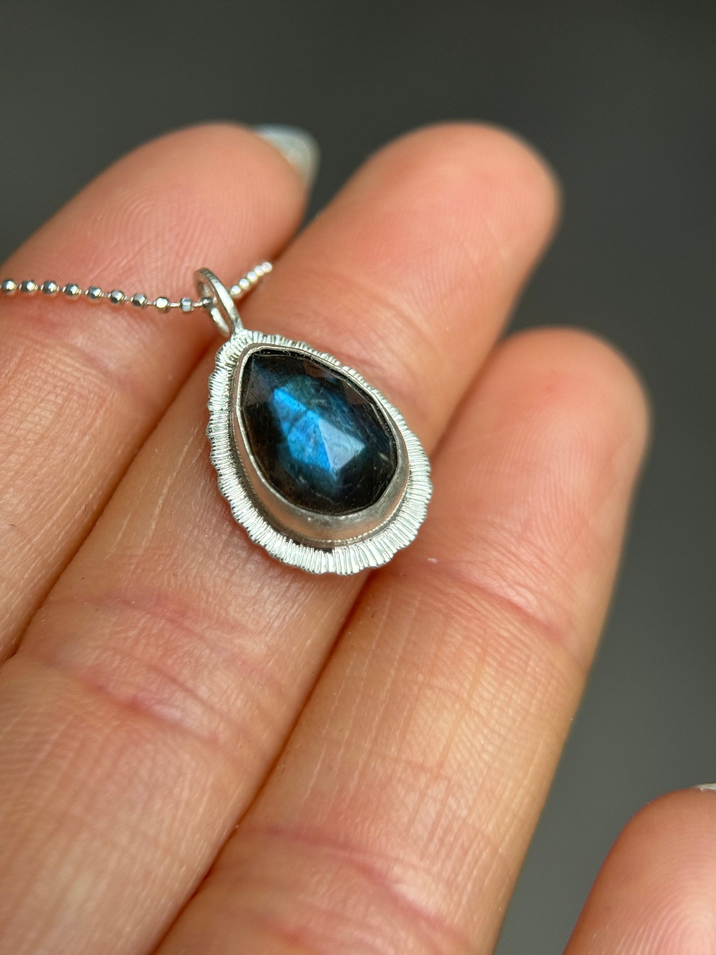 Rose cut Labradorite pendant, natural blue flash gemstone, unique gift for her, bezel set, open back, OOAK, sterling silver necklace