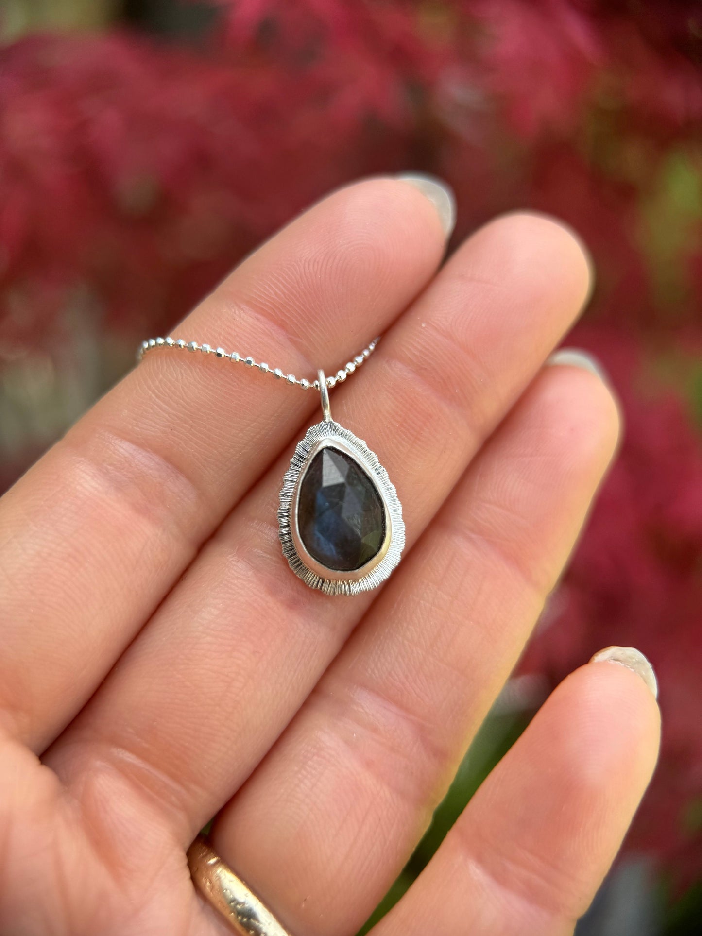 Rose cut Labradorite pendant, natural blue flash gemstone, unique gift for her, bezel set, open back, OOAK, sterling silver necklace