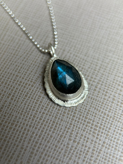 Rose cut Labradorite pendant, natural blue flash gemstone, unique gift for her, bezel set, open back, OOAK, sterling silver necklace